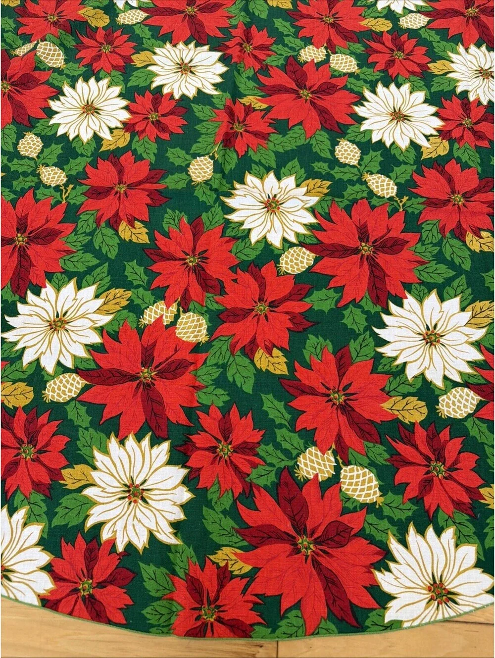 Vintage Christmas 1960s Holiday Tablecloth Poinsettia Pinecones Oval 56x78” MCM
